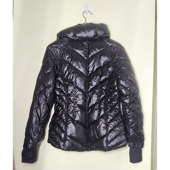 Guess Quilted Puffer Winter Jacket Size Small Shiny Black Full Zip Thumb Holes - Picture 4 of 10